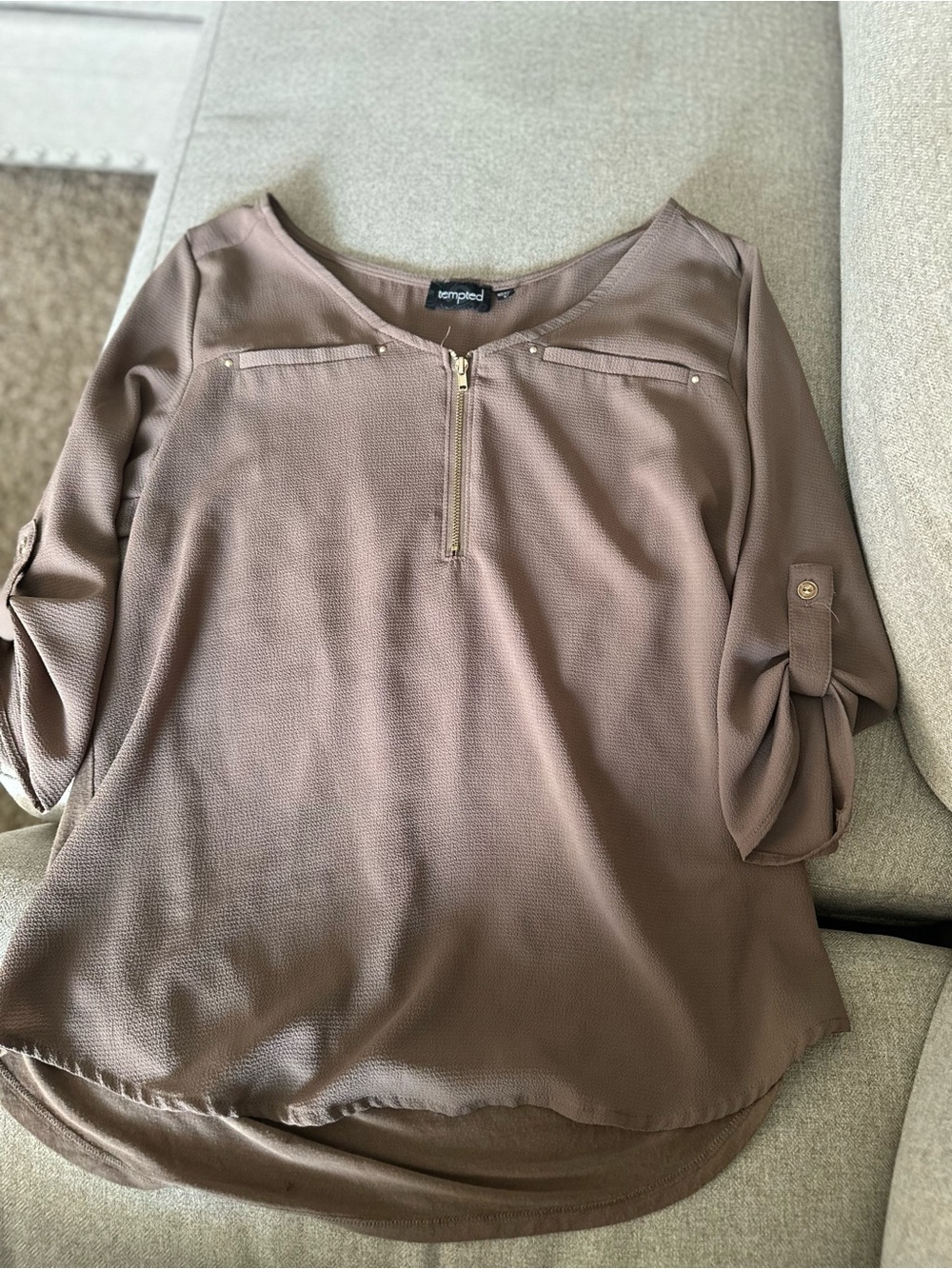 Tempted Taupe Zip-Front Roll-Tab Sleeve Women's Blouse